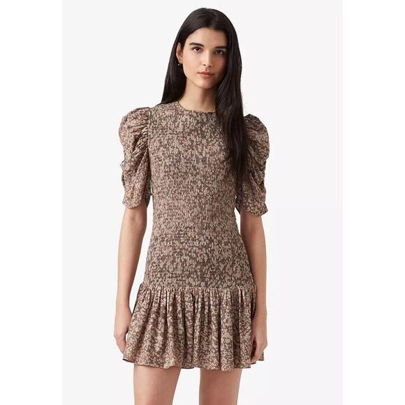 French Connection Brown Speckled Floral Erika Drope Smock Mini Dress Large - Picture 1 of 12